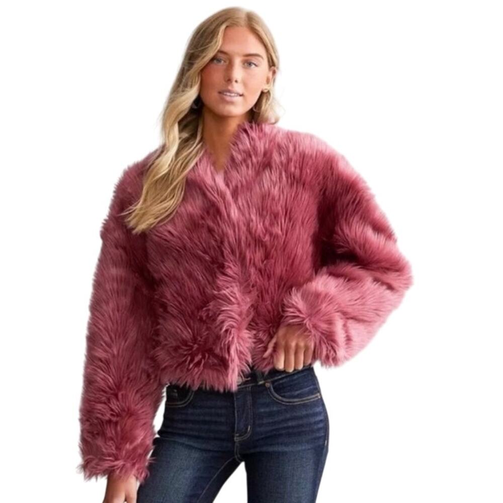 Free People All Night Faux Fur Cropped Jacket Large Cozy Boho Winter Warm Soft